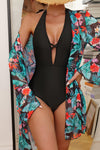 Black Halter Neck Monokini with Floral Cover Up