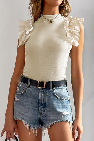 Ruffle Flutter Sleeve Ribbed Blouse