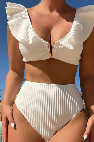 White Ruffled High Waist Bikini Set