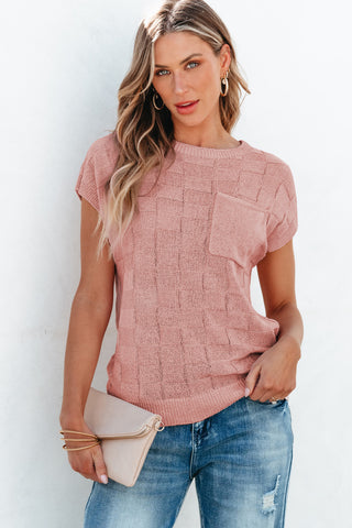 Pink Checkered Textured Knit Top