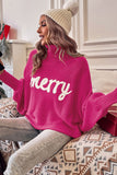 Red Merry Letter Embroidered High Neck Sweater