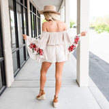 Bohemian Embroidered Sleeve Romper - Off White